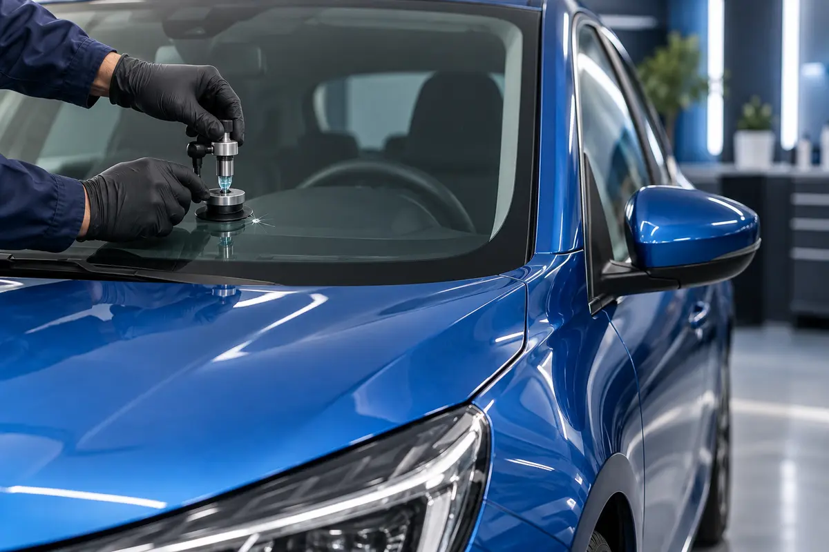 Mavi otomobilin ön camında profesyonel mini onarım uygulaması