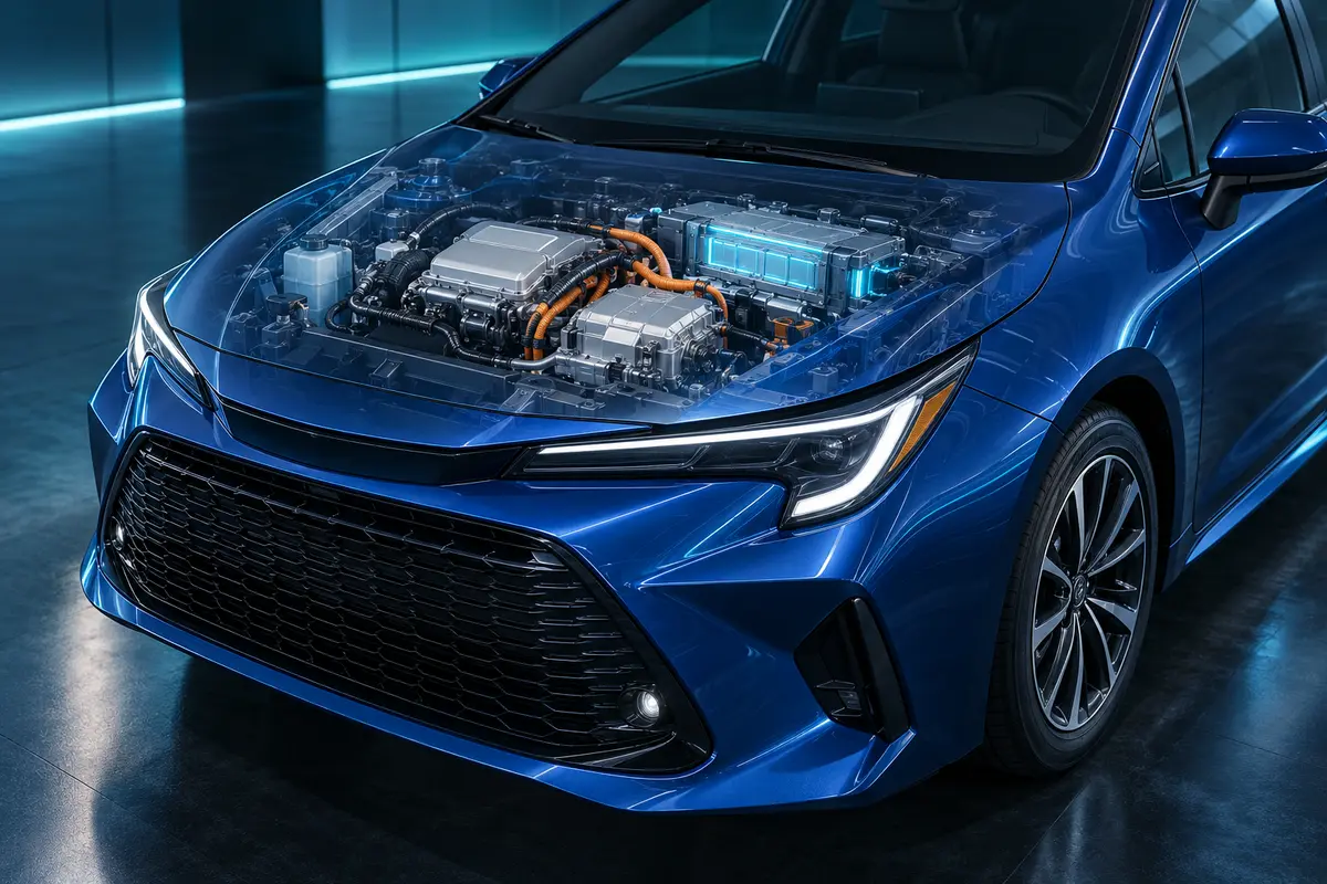 Mavi kompakt sedan otomobilde hibrit güç sistemi bileşenlerini gösteren teknik görünüm