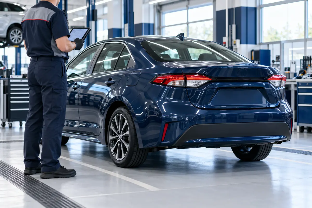 Koyu mavi kompakt sedan otomobilin modern serviste tabletle teknik kontrolü