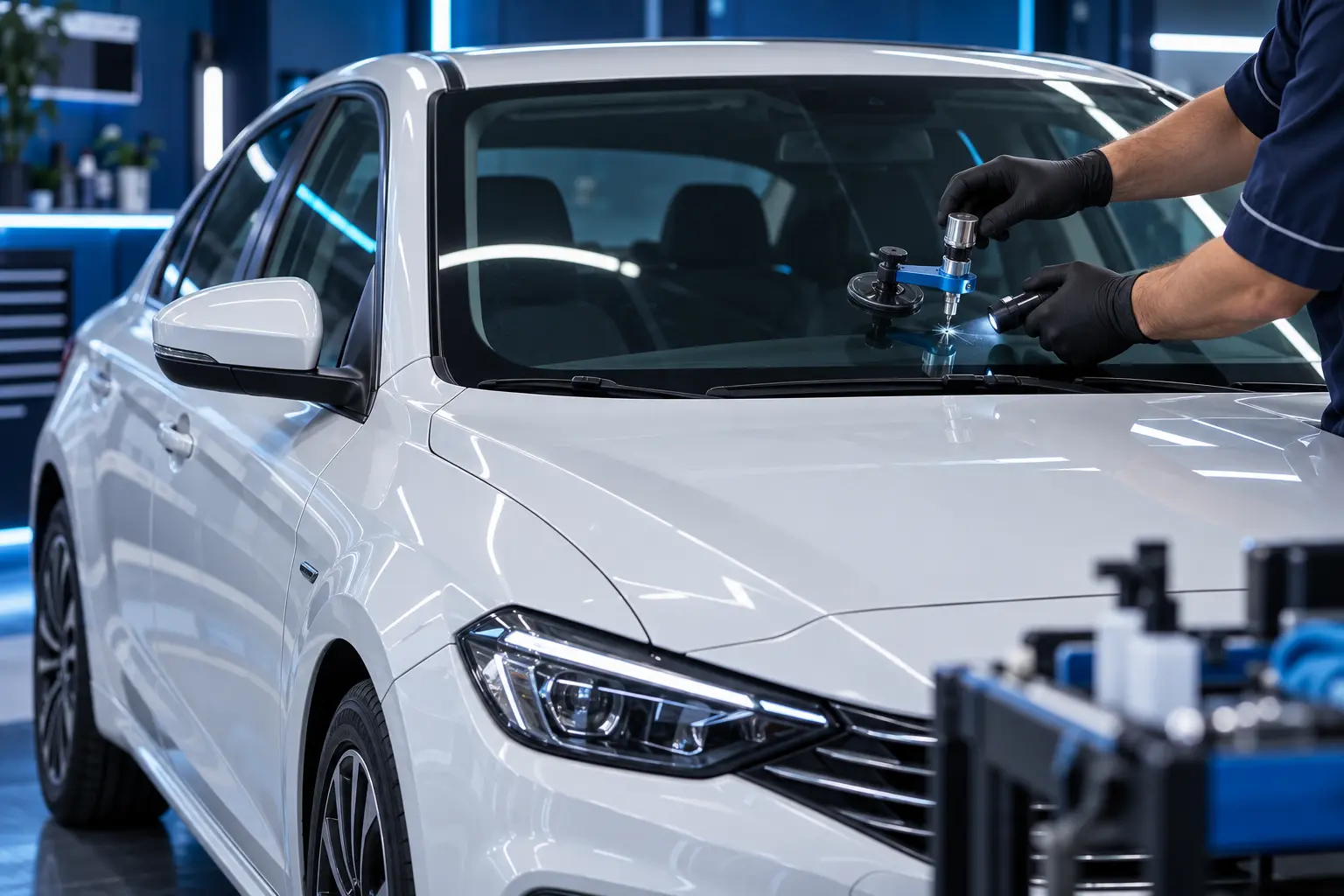Beyaz otomobilin ön camında profesyonel cam onarım uygulaması