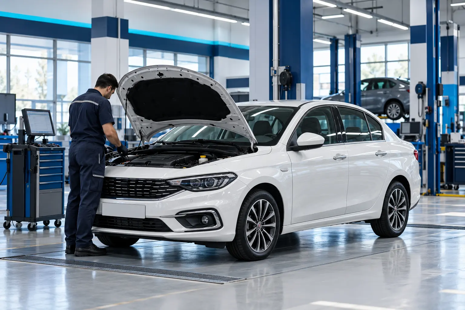 Beyaz kompakt sedan otomobil için profesyonel servis kontrolü
